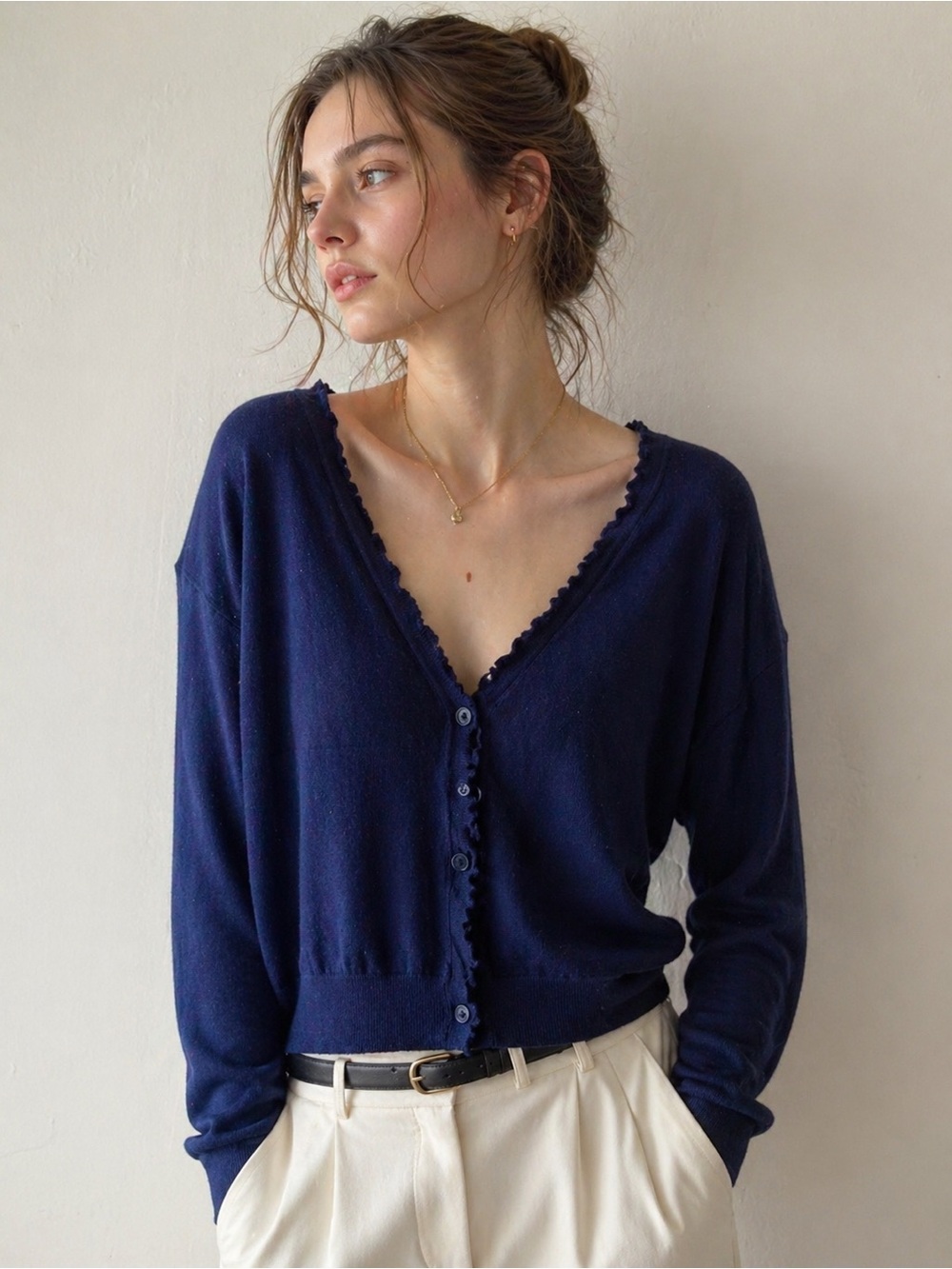 Women's Navy V-Neck Button Cardigan Sweater